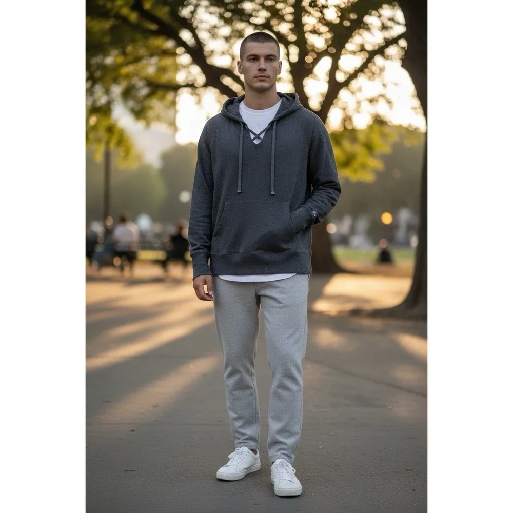 Alo Yoga Pullover‎ Hoodie Unisex Est XL Charcoal Gray Lace-Up Neck